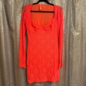 SKIMS Limited Long Sleeve Sunset Neon Orange Lace Lined Underwire Dress XL